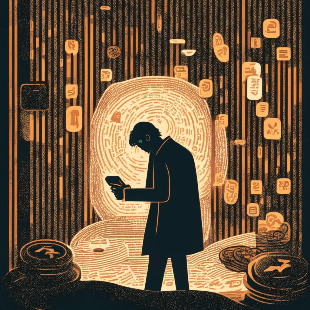 A vintage-style illustration, evening glow, an individual using a P2P payment app on smartphone, intricate patterns of intertwined risks surrounding the screen, touch of mystery, crypto coins, deposit runs, and bank collapses gradually fading into shadow, solemn mood, underlying uncertainty. (350 characters)