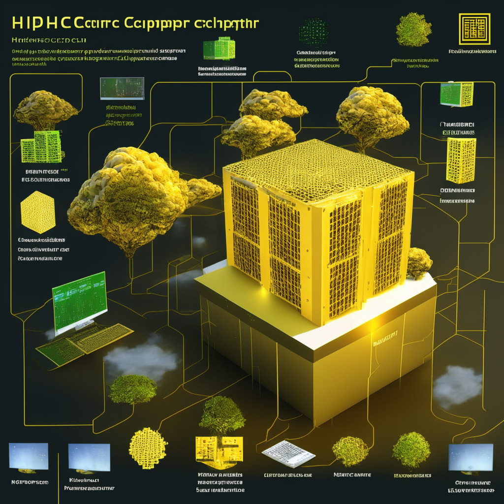 Eco-friendly HPC data center, advanced computation network, AI-driven metaverse, low-cost services, green energy, interconnected communities, Future Metaverse, Play2Earn projects, high-performance computing, machine learning, data security, military-grade standards, Crypto Climate Accord, net-zero CO2 emissions, AI software app marketplace, warm golden light, serene atmosphere, futurism-inspired art style, innovation-focused mood