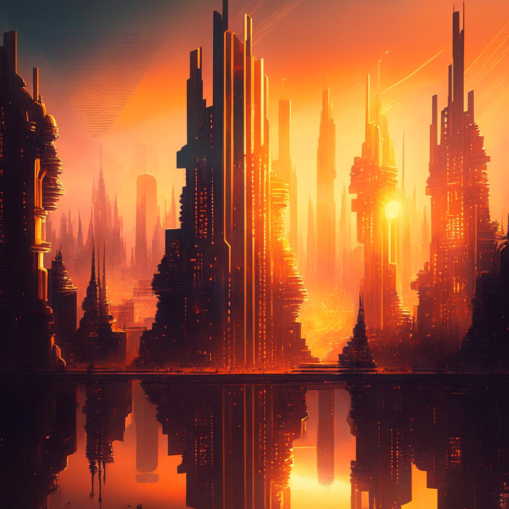 Intricate cityscape reflecting the digital age, futuristic metropolis with glowing geometric structures, currencies and AI holograms floating above, early evening cityscape with warm, orange-hued sunset, sharp contrasts of light and shadow, uplifting mood emanating interconnectedness, a touch of Renaissance-style painting for intrigue, captivating emotion.