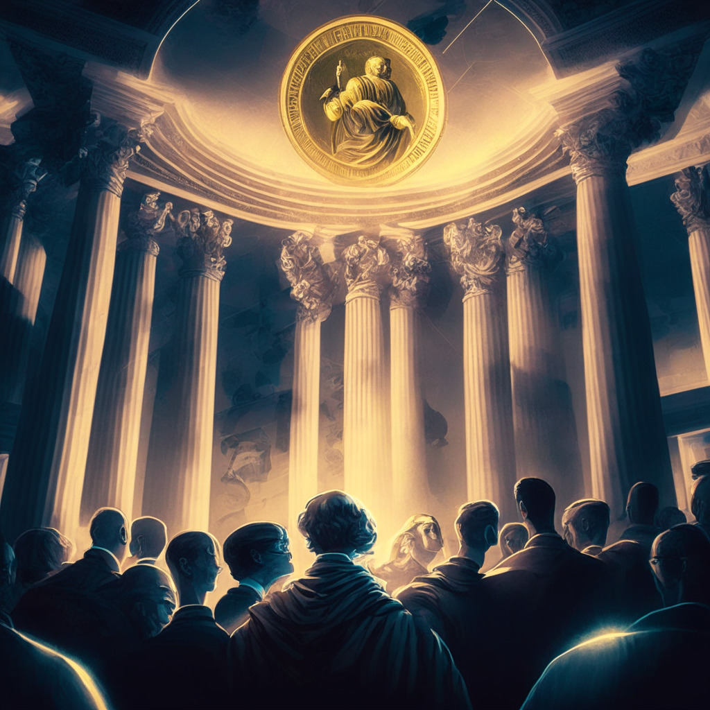 Cryptocurrency regulatory balance, chiaroscuro lighting, Renaissance style, U.S. Capitol, lawmakers scrutinizing digital asset draft, hopeful yet concerned faces, SEC official pointing at decentralized tokens, ethereal glowing crypto coins, mood of uncertainty & careful optimism.