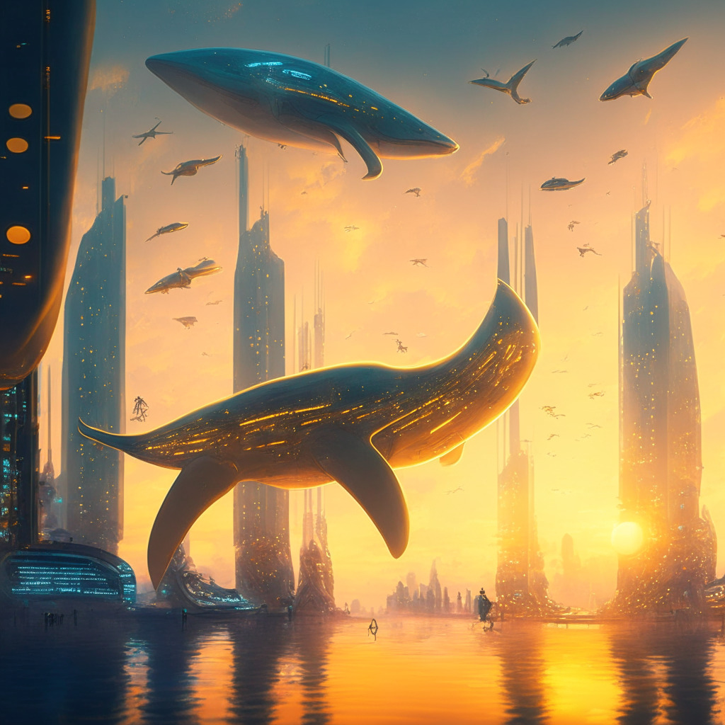 Intricate futuristic cityscape at dusk, warm golden sunlight, Web3 technology symbols floating in the sky, a majestic whale diving towards a glowing platform, decentralized exchange and NFT marketplace holographically displayed, dynamic play-to-earn gaming characters in action, softly illuminated educational elements, atmosphere of innovation and anticipation.