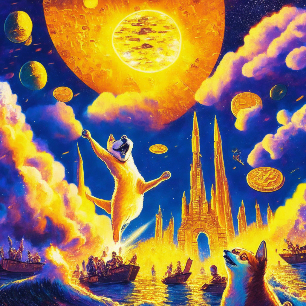 Unified crypto rally, Pepe Coin soaring 40%, SHIB, DOGE, FLOKI gains, dusk sky with ascending rockets, golden coin rain, Expressionist style, warm and bright colors, euphoric mood, onlookers in awe, digital token bridge connecting distant lands, celestial glow illuminating the scene.