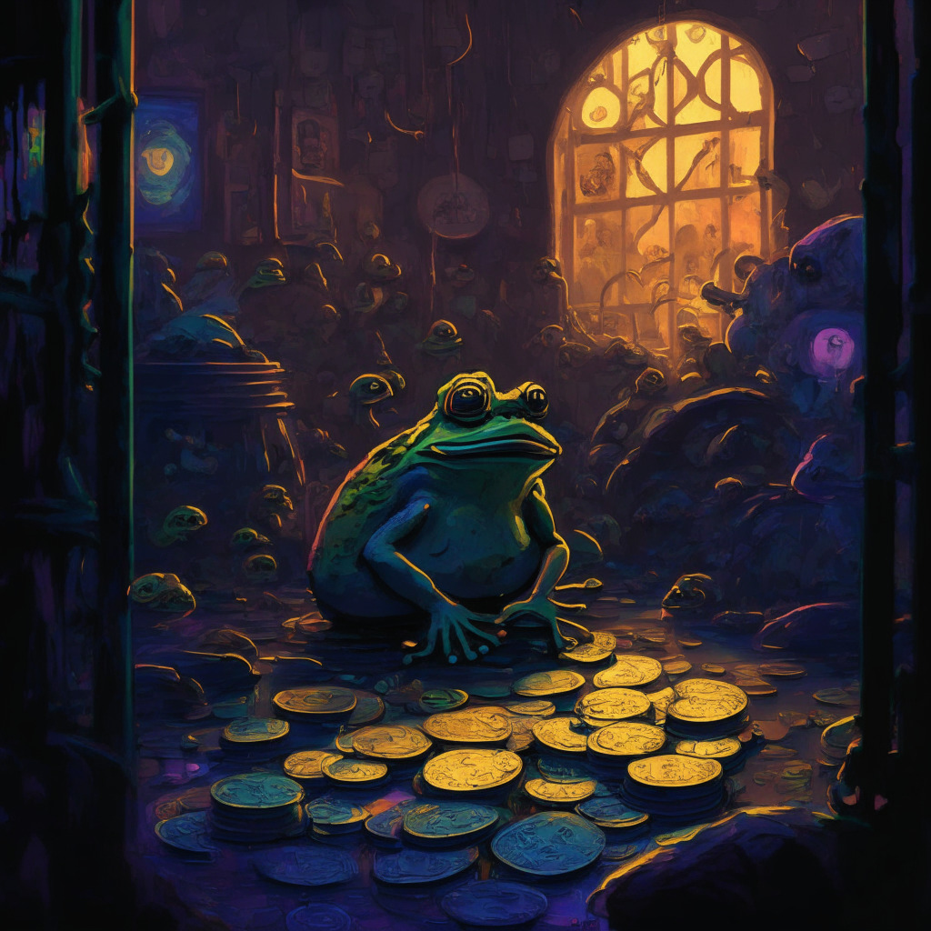 Intricate crypto market scene, dimly lit environment, contrasting elements of growth and decline, Pepe Coin as focal point, signs of potential rebound, intense color palette reflecting hopeful mood, hints of other tokens and platform elements, abstract art style representing market uncertainty.
