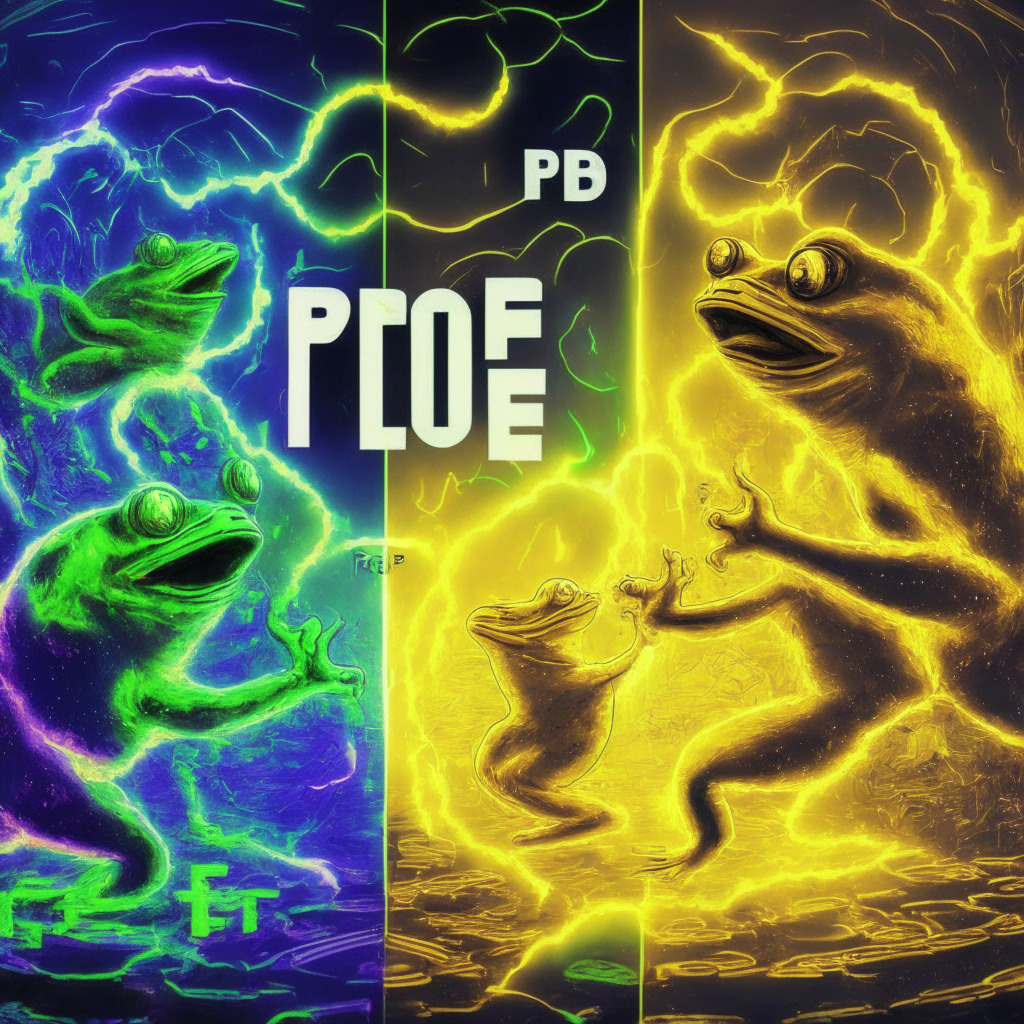 A clash of memecoins: PepeCoin, frog-themed, energetic movement vs Dogecoin, long-standing leader, subtle glow, Ethereum background, abstract art style, cool hues, DeFi and NFT integration concept, dynamic contrast between contenders, hints of nostalgia, playful yet competitive mood, bright beams of light symbolizing market surges.