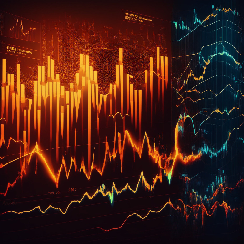 Intricate financial chart, bearish pennant pattern, Pepecoin breakdown, evening cityscape light setting, contrasting warm and cool colors, somber mood, swirling downtrend visuals, dynamic Bollinger band lines, no logos, abstract candlesticks depicting weak bearish momentum, potential upswing and resistance, downtrend vulnerability.
