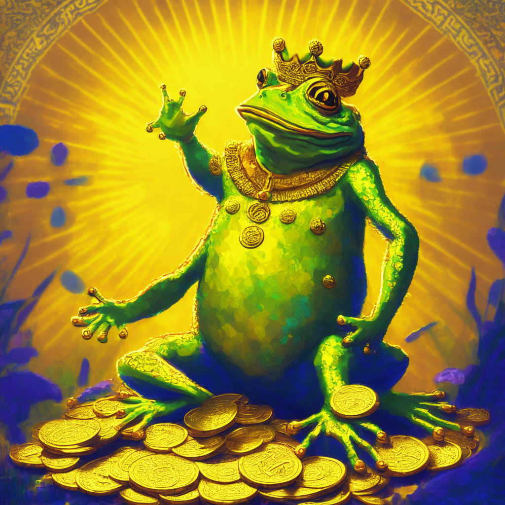 Frog-themed king on golden coin, triumphant stance, meme coins in the background, vibrant colors, whimsical artistic style, warm tones, radiant light, energetic mood, rising sun casting long shadows, subtle nod to bitcoin & ether, cautious undertones.