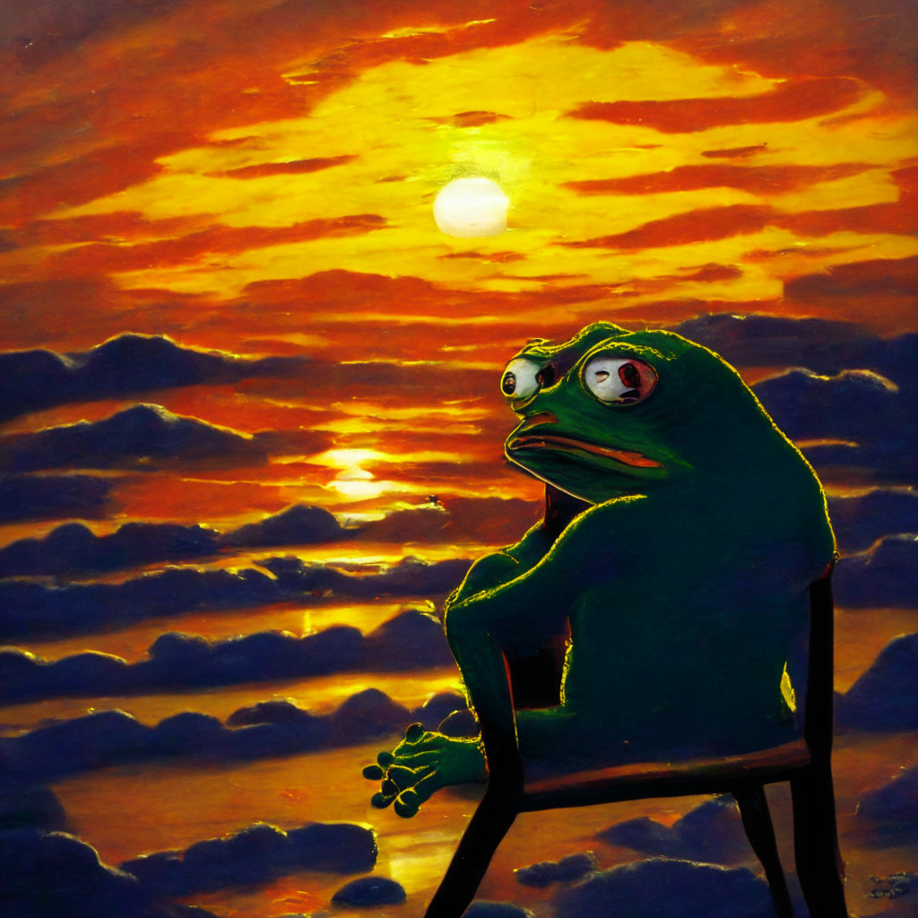 Meteoric rise of meme coin, Pepe the Frog theme, investors in precarious position, limited liquidity, concentrated tokens, market cap peak at $1.8 billion, sharp downturn, high-stakes game of musical chairs, false hope, whale investors, minority influence, missed opportunity, cautionary tale. Scene: Melancholic mood, sundown lighting, impressionist art style, Pepe the Frog in investor attire, rollercoaster-like coin value graph.