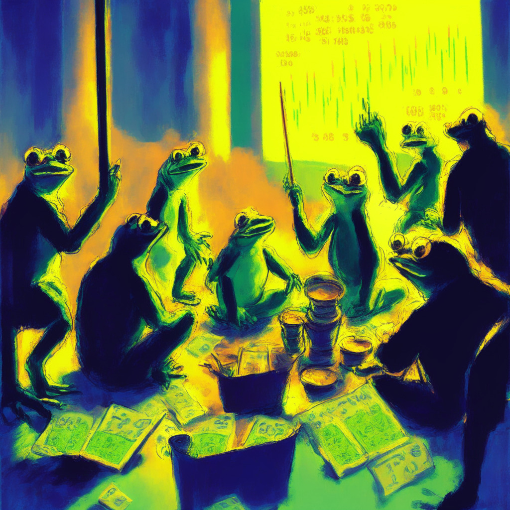 Frog-themed memecoin recovery scene, V-shaped rally illustration, vibrant colors, optimistic atmosphere, soothing morning light, subtle shadows, thick brush strokes in impressionist style, trader figures discussing amidst price charts, diverse candlesticks representing fluctuating prices, subtle hints of profit-booking, temporary pause moment, dynamic composition, hints of consolidation phase, maintaining support levels, underlying presence of technical indicators (RSI & EMA), investment caution undertone.