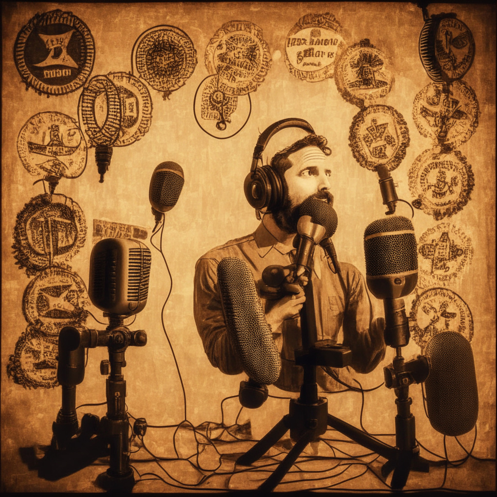 Podcaster amidst retro microphones, contrasting love-hate symbols, luminous tweets, Bitcoin symbols, vintage sepia aesthetic, glowing podcast studio, mood of ambivalence, thought-provoking dynamic, subtle traces of football elements, duality theme, whimsical artistic style, warm inviting light, enigmatic persona, intertwined digital currencies, intricate interplay of fame and negativity.