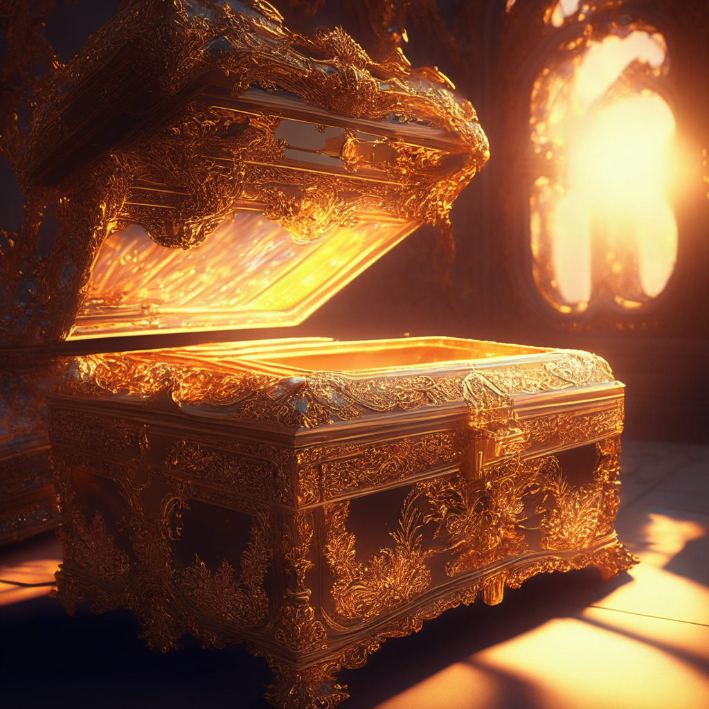 Sunset-lit lavish treasure trunks, intricate baroque details, shimmering gold accents, opulent NFT holograms, juxtaposition of physical and digital luxury, enchanted exclusive atmosphere, tantalizing play of light and shadows, air of cutting-edge innovation - capturing the essence of phygital luxury revolution.