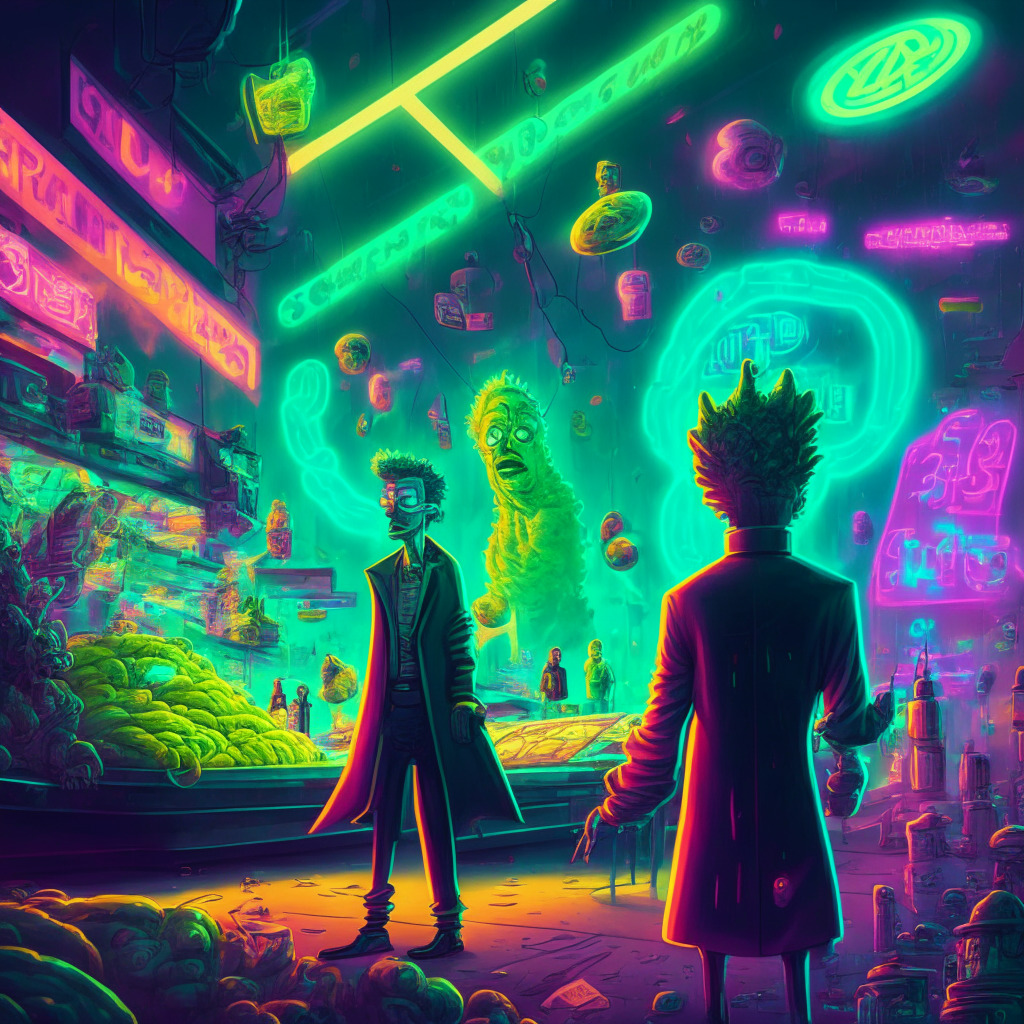 Futuristic market scene, neon lights, Pickle Rick character appearing wealthy, Elon Musk subtly in the background, digital currency symbols, fluctuating graph, whimsical & satirical mood, chiaroscuro lighting effect, art deco & cyberpunk mix, playful undertones, uncertain outcome represented by clouds.