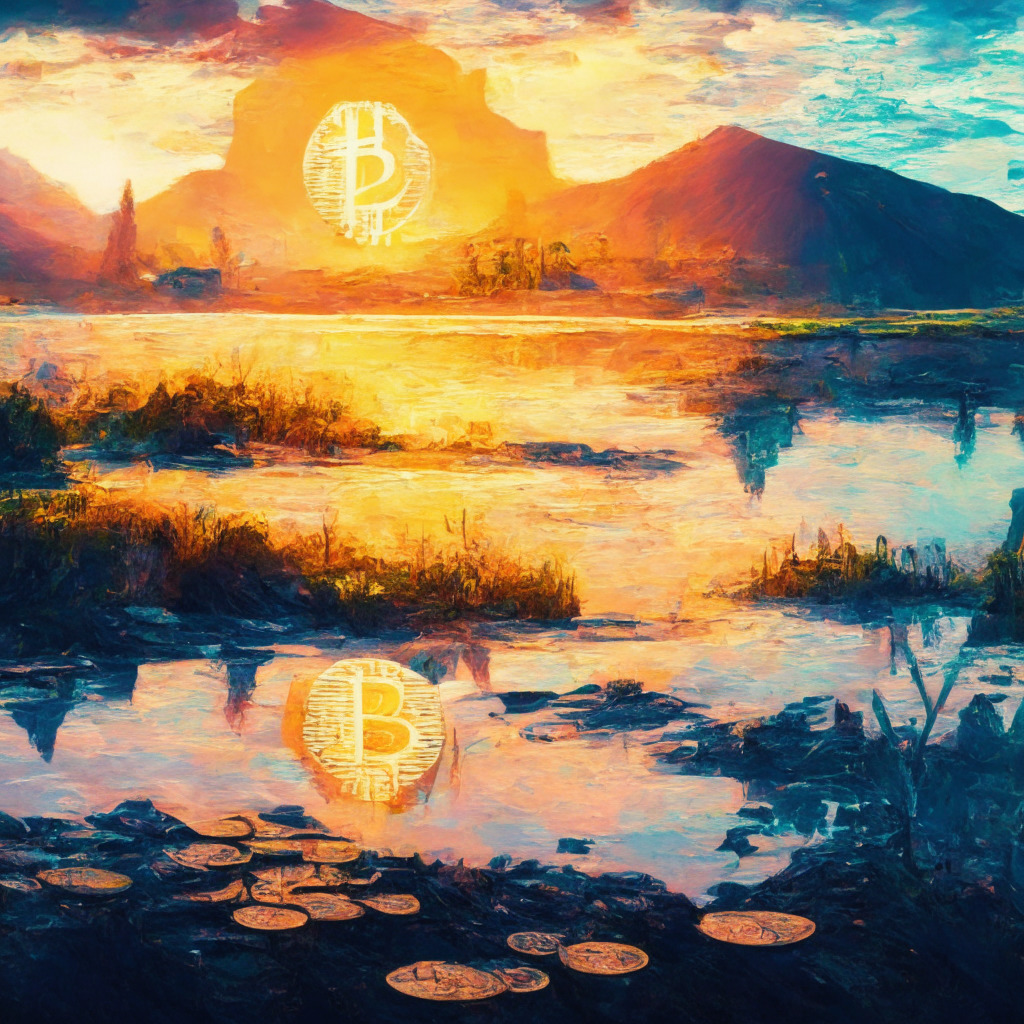 Cryptocurrency landscape with vigilant users, artistic blend of colors, sunrise symbolizing awakening, expressive cyber-theft shadow lurks, digital chains weaving through the scene, fortified digital wallets, serene yet cautious mood, mingling of light and shadows, impressionist style.
