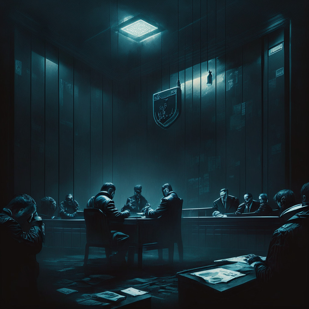 Dark courtroom, tense atmosphere, hacker in handcuffs, SIM cards scattered, vulnerable smartphone, cyber security shield, law enforcement's victory, exposed crypto wallets, artistic impression of crime and justice, dramatic lighting, chilling mood, a call for better cybersecurity in crypto world.