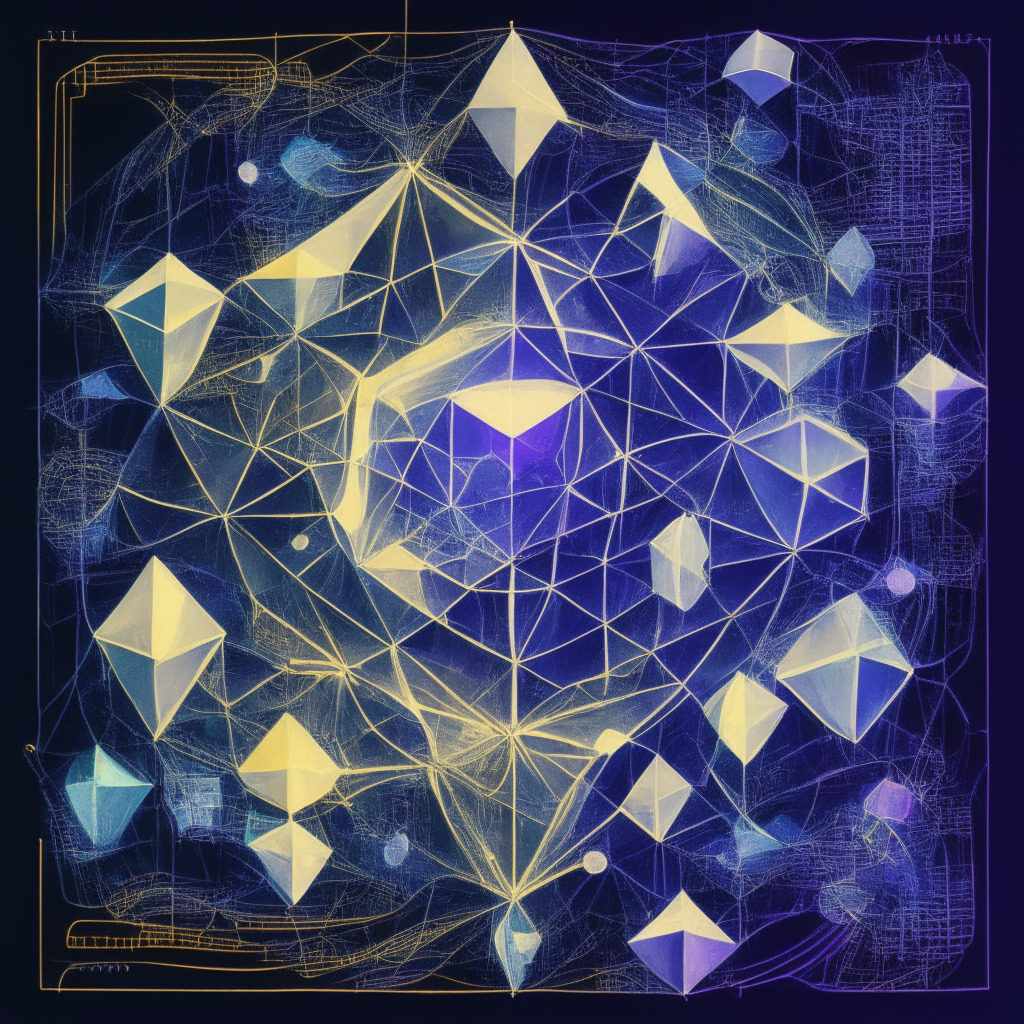 Ethereum-Polygon scaling solution, intricate blueprint, community governance, decentralization, PoS chain evolution, juxtaposition of light and shadow, technological optimism, hues of transformation, caution in the air, abstract ether swirls, digital cooperation, interconnecting lines, emerging crypto enthusiasm, soft glow of potential.
