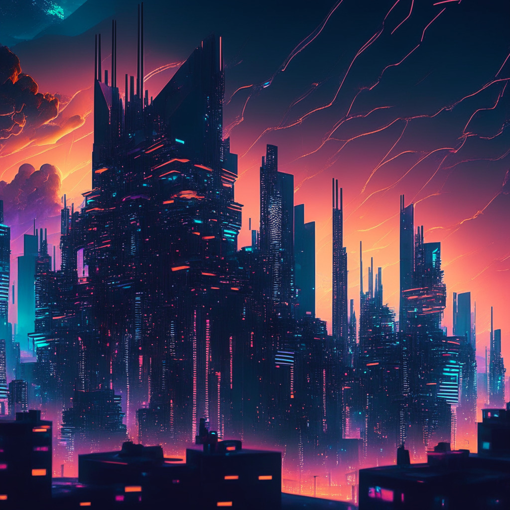 Futuristic city skyline at dusk, Ethereum-inspired architecture, global community collaborating, looming US regulatory storm clouds, intricate polygon patterns, vibrant ZK-powered L2 chain connections, holographic community governance discussions, hopeful yet uncertain atmosphere, soft glow of innovation diffused through adversity.