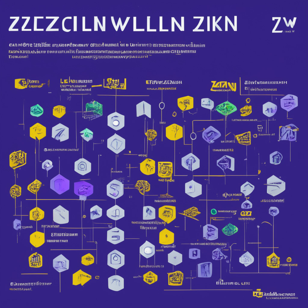 Ethereum scaling solution, zkEVM validium upgrade, zero-knowledge proofs, layered security, high-value transactions, gaming and social media network, Polygon 2.0 vision, interlinked chains, decreased transaction fees, separate chain for validation proofs, contrasting light vs dark elements, cubist-inspired shapes, security vs scalability vs decentralization debate, mood of innovation and anticipation, mainnet implementation timeline.