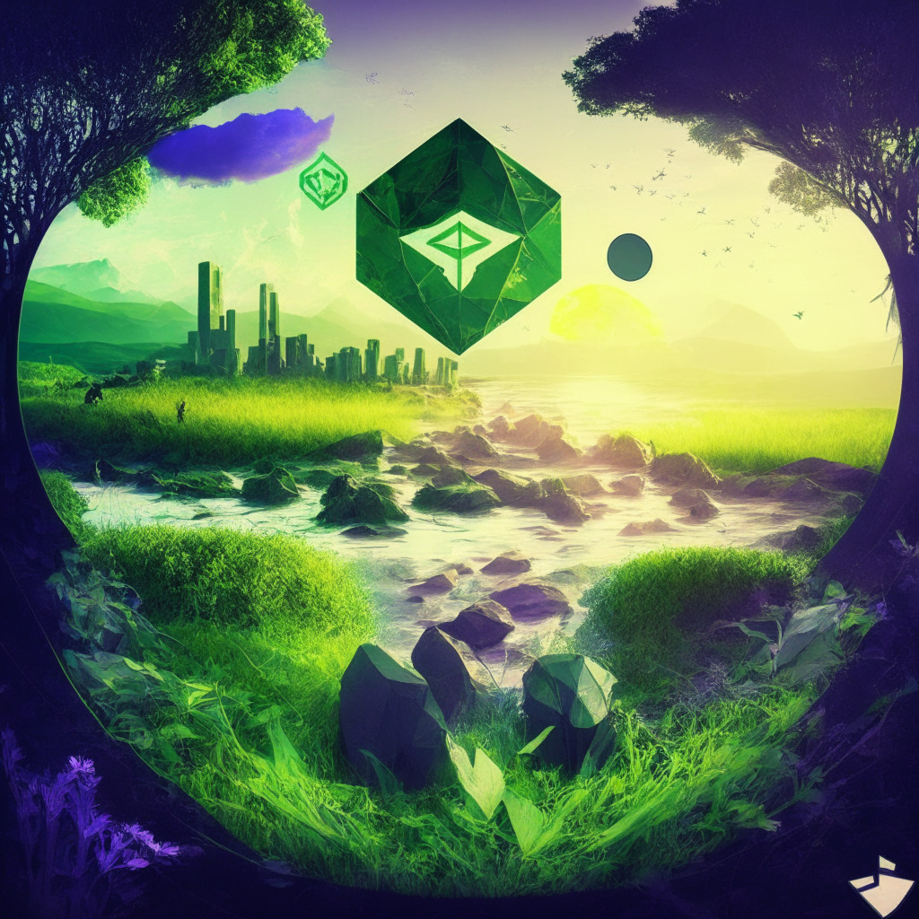 Ethereum layer-2 struggles, light tinge of sunset, SEC shadow, moody atmosphere, juxtaposed with flourishing Ecoterra scene, vibrant green hues, recycling symbols, web3 ecosystem elements, people engaging in carbon offset activities, Ecoterra token shining, serene environment.