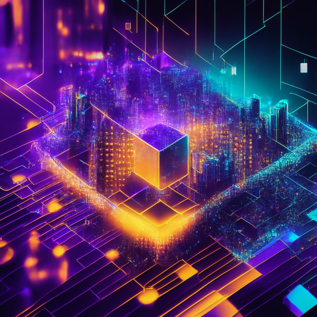 Ethereum scaling solution, atmospheric hologram, intricate circuit board, bold colors, dusk, zero-knowledge proof, streamlined design, Polygon proposal, uplifting mood, cybersecurity focus, technology fusion, ethereal glow, high-contrast shadows, decisive moment, futuristic cityscape, vivid patterns, energy waves, blockchain evolution, optimism amidst complexity.