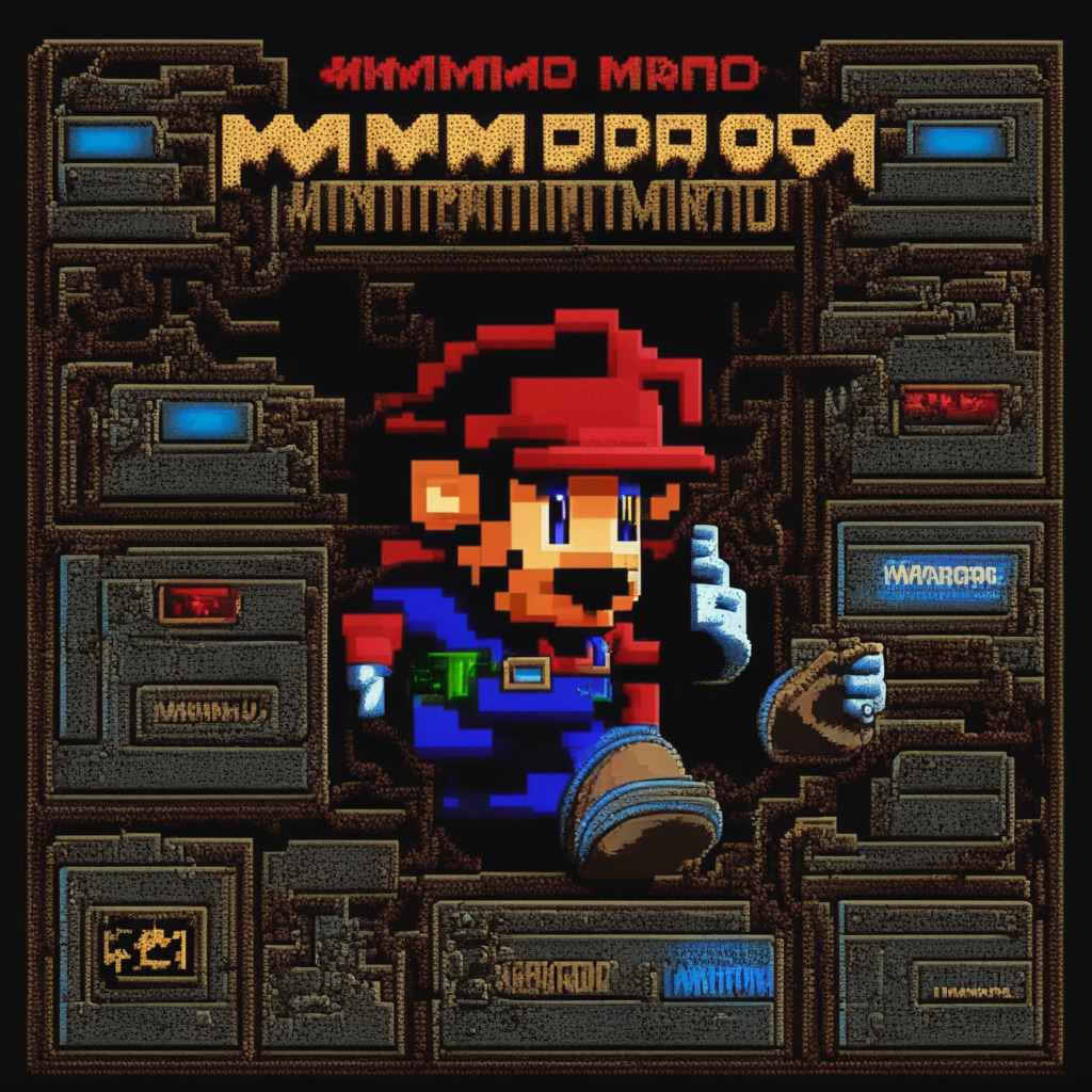 Unofficial Super Mario game with malware elements, suspicious installer carrying crypto wallet hijacker, hidden XMR cryptocurrency miner, Umbral Stealer snatching user info, side-scrolling levels, nostalgic 8-bit aesthetic, shadowy undertones, dimly lit atmosphere, risky download warning, vigilant cybersecurity theme.