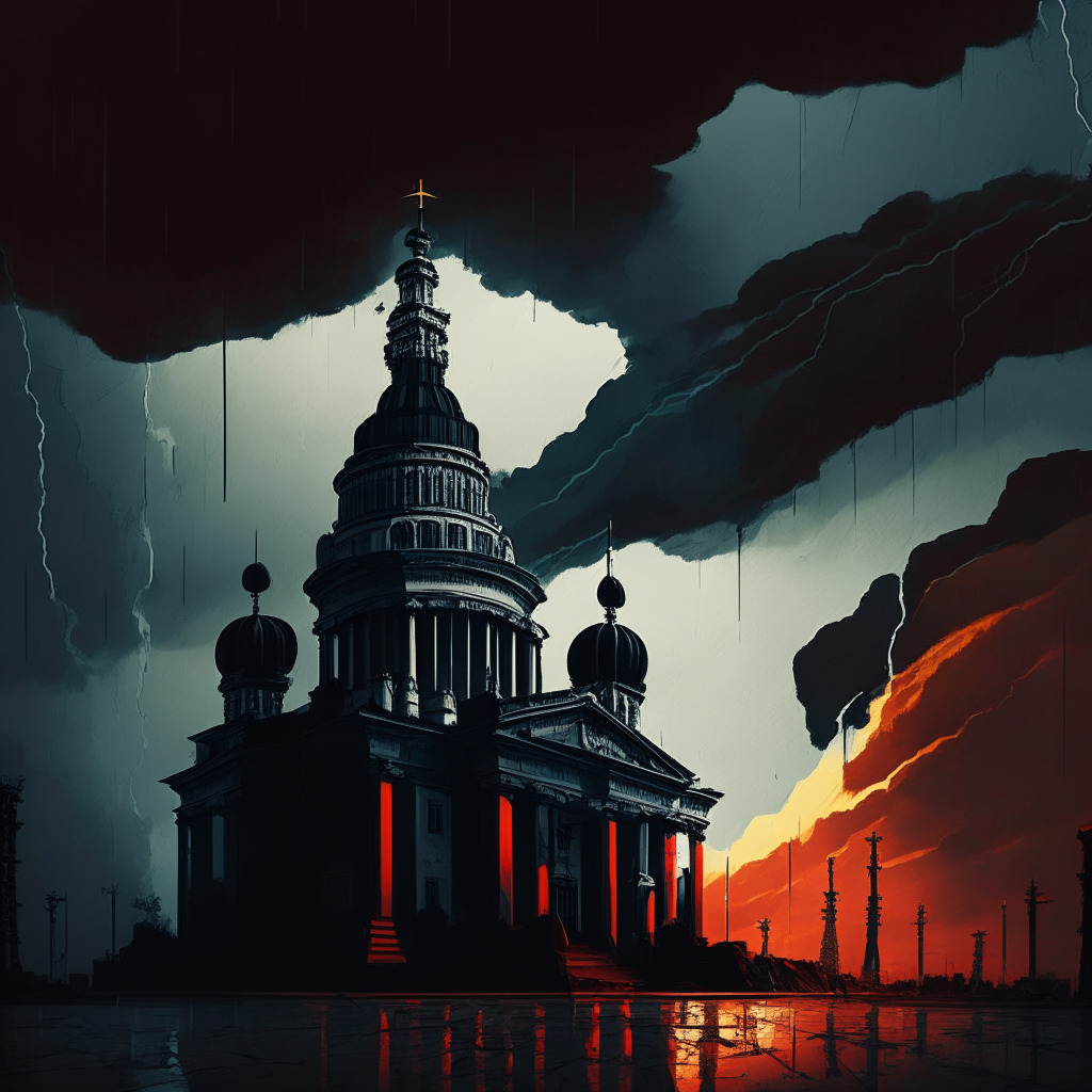Dramatic geopolitical scene, tension-filled atmosphere, dark stormy sky, military coup vs. cryptocurrency, Russian oil and gas market influence, somber color palette, contrasting shadows of uncertainty, symbolic elements of power struggle, imposing architectural background, global market fluctuations, subdued light reflecting mood of discord.