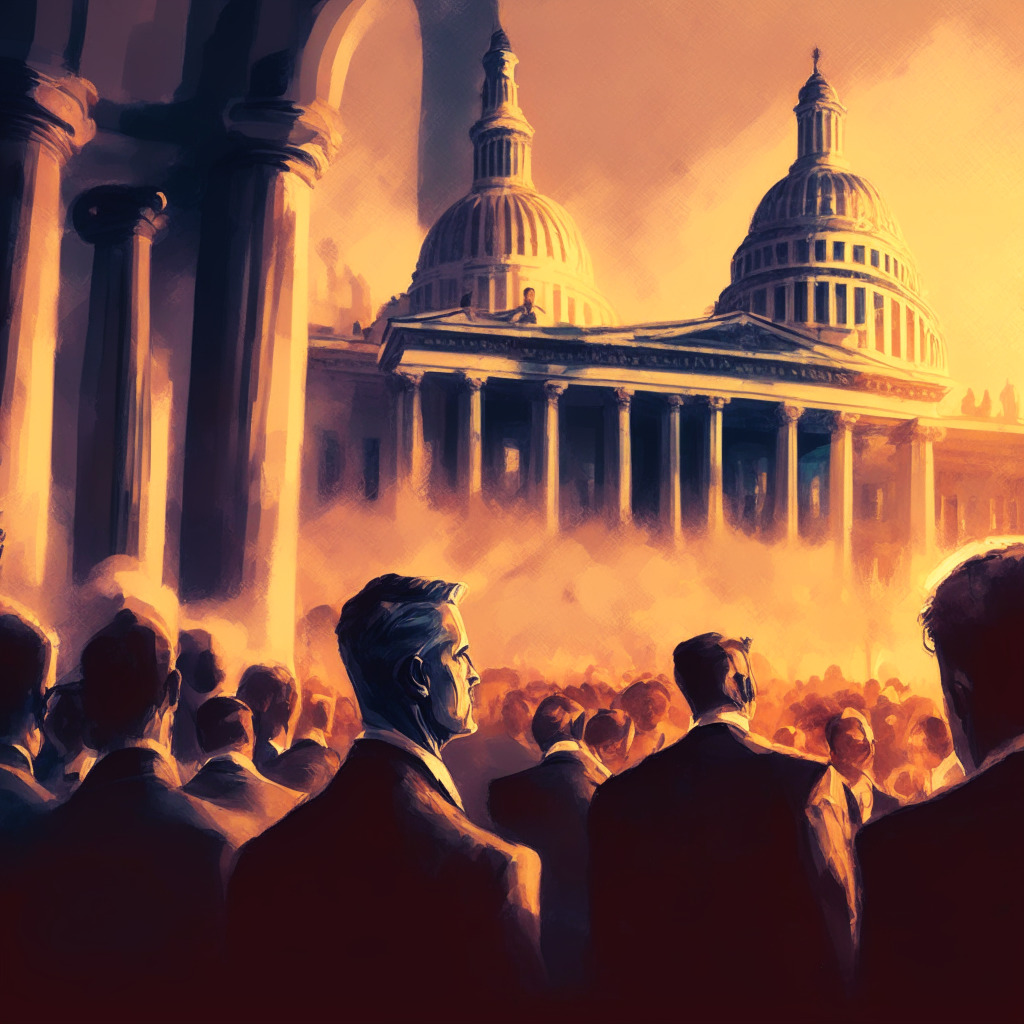 Cryptocurrency market scene, dusk lighting, digital asset growth, subtle vintage painting style, upbeat mood with cautionary undertone, Jerome Powell speaking before Congress, financial market attendees, US Capitol in background, hints of inflation cooling, potential crypto rally, touch of regulation.