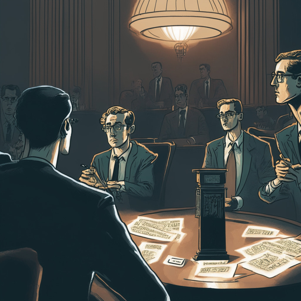Cryptocurrency debate scene, intense discussion, stylized congressional hearing background, dimly lit room emphasizing tension, contrasting opinions with exaggerated facial expressions, Aaron Kaplan with pre-written notes, notable critics like Charles Hoskinson and Winklevoss twins, mood of suspicion and controversy, regulatory framework overshadowing the scene.
