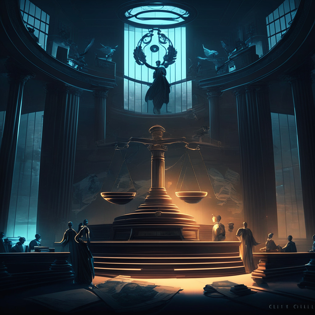 Dusk-lit courtroom, balanced scales representing SEC and fair regulations, digital asset industry symbols, futuristic yet somber mood, baroque artistic style, figures embodying lawmakers, legal implications subtly interwoven, juxtaposition of hope and caution, essence of consumer safety, innovation, and growth.