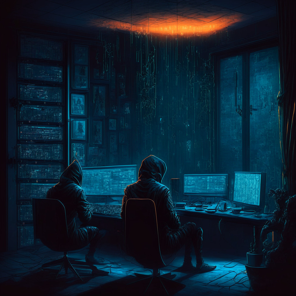 Intricate cybercrime scene, art noveau style, dusk lighting, tenebrous mood, DeFi platform, $800,000 bounty, hacker negotiation, ignored threats, bounty extension, unsolved mystery, successful recoveries, ethical debate, incentive or deterrent, asset protection, pros and cons weighed.