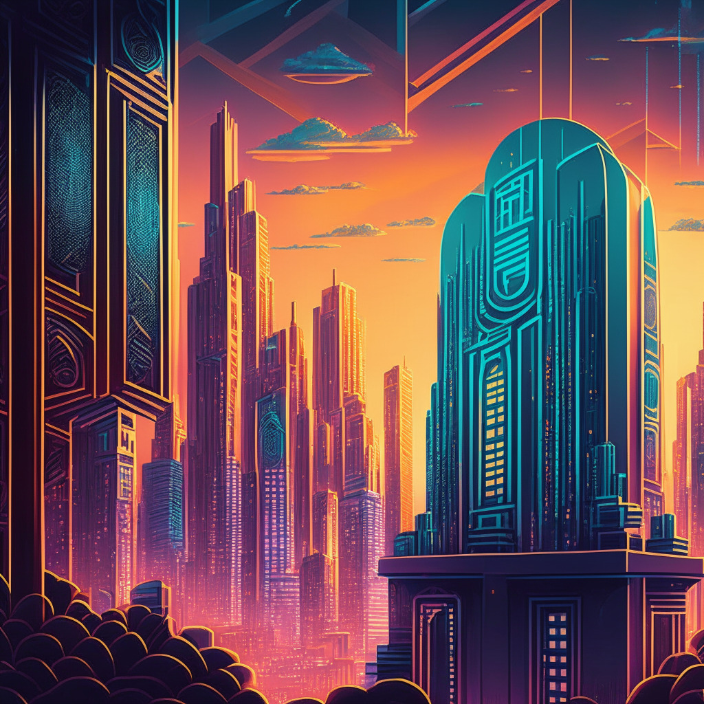 Intricate cityscape with futuristic buildings, a secure vault in the foreground, permissioned blockchain imagery, vibrant color palette, twilight sky, art deco style, shadows highlighting privacy, luminescent currency symbols, relaxed mood, intricate patterns symbolizing secure asset tokenization, compliance, and decentralization.