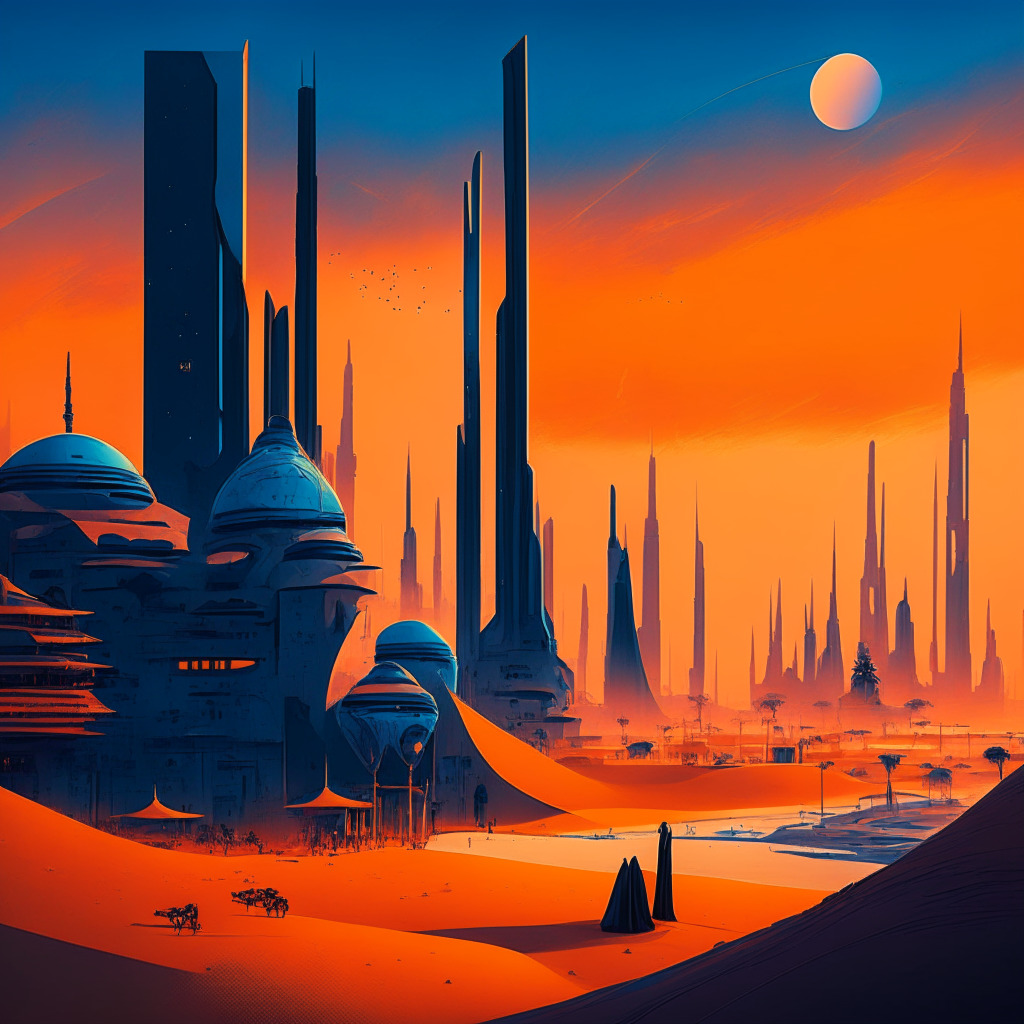 Desert cityscape at dusk, a blend of futuristic and traditional Qatari architecture, subtle digital riyal symbols floating amidst the skyline, vibrant mix of cool blues and dramatic oranges contrast the image, tense atmosphere of uncertainty and innovation, subtle enforcement figures in the background.