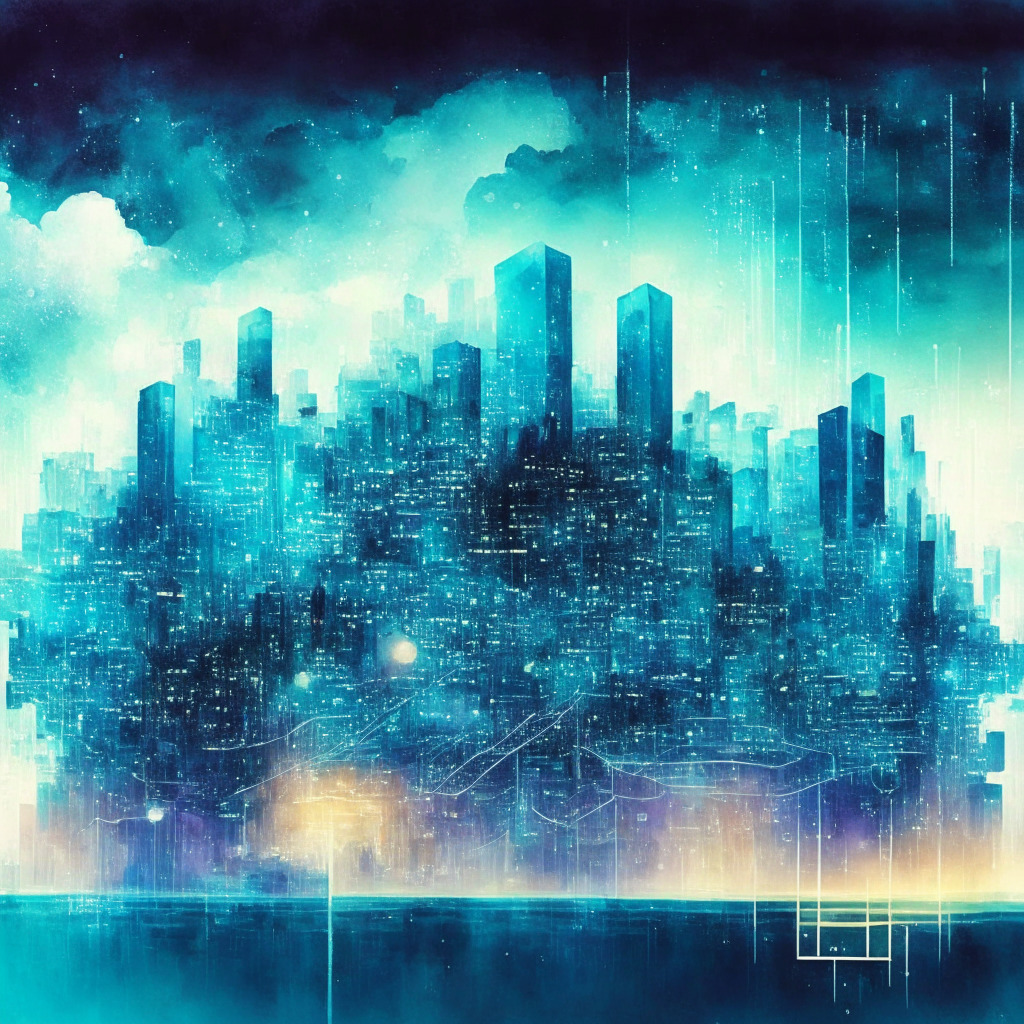 Quantum computing revolutionizes blockchain, luminous metropolis skyline, quantum circuits, glowing energy flow, ethereal boson sampling, serene mood, watercolor style, sustainable greener future, foggy dusk atmosphere in deep blues, catapulting technology into a new era of efficiency.