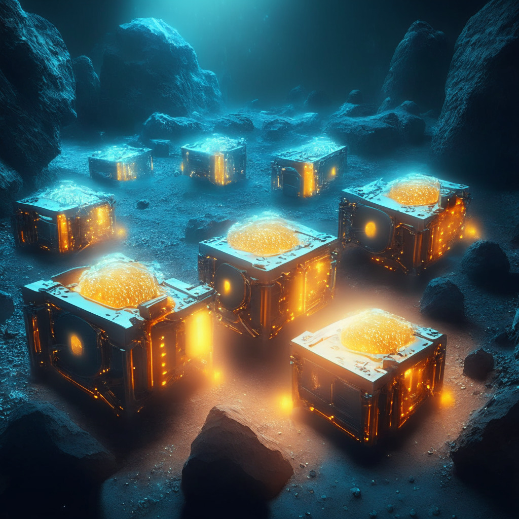 Futuristic quantum mining scene, glowing energy-efficient quantum miners, Antminer S19 XP ASIC miner, soft ambient light, contrasting futuristic and classical technology, a sustainable environment, mood of innovation and optimism, the revolutionary future of blockchain mining.