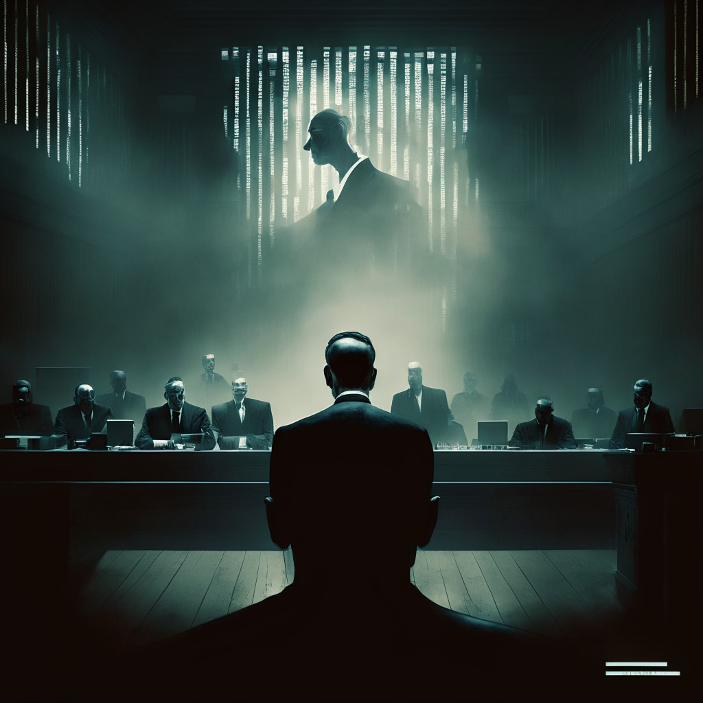 Dystopian courtroom scene, AI entity on trial, perplexed lawyers and judge, intense shadows, tense atmosphere, chiaroscuro light, mix of Neo-Noir & Baroque style. Center: Radio host with furrowed brow, AI code fragments hovering, blurred lines between reality & AI hallucination, charged emotions.