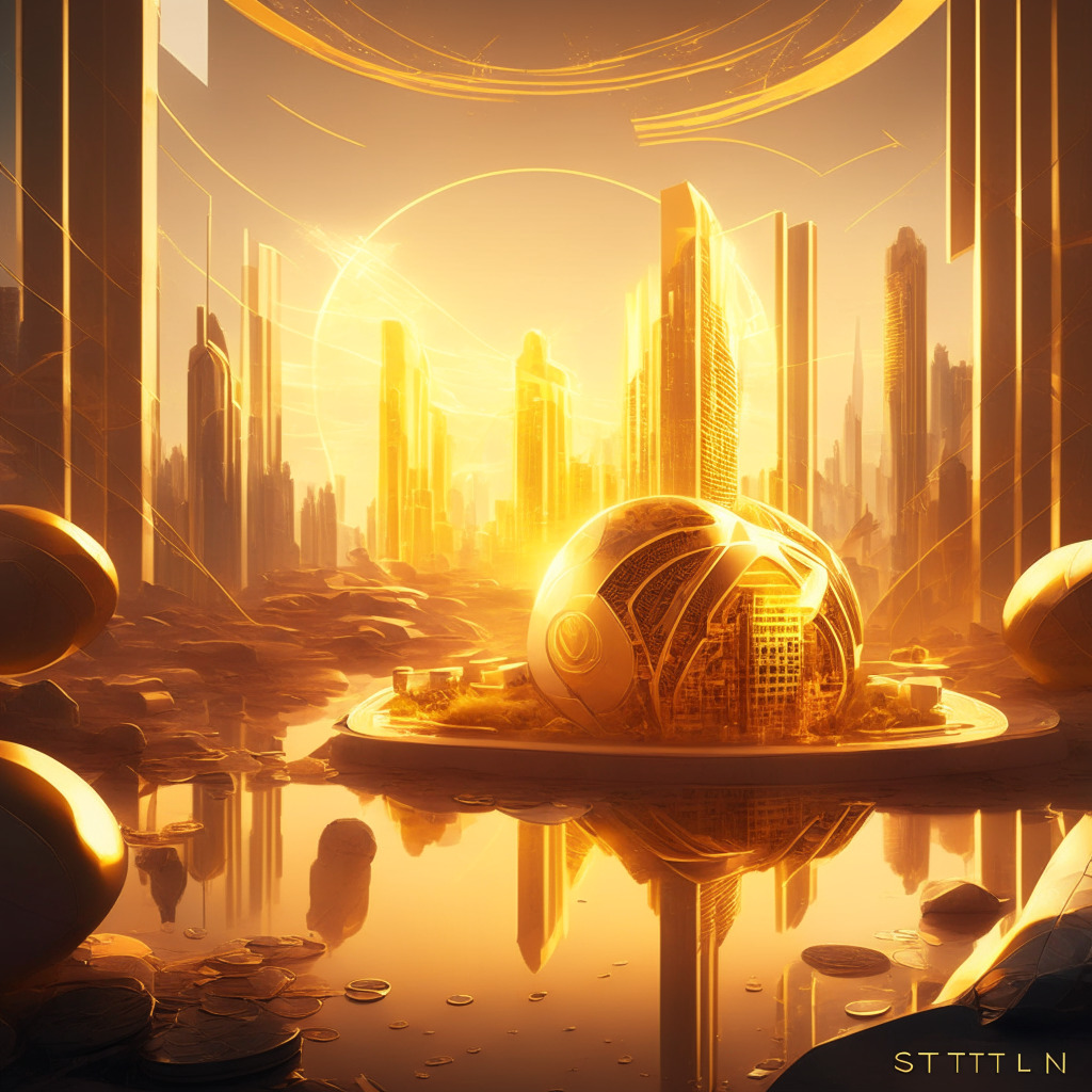 A futuristic financial landscape with stETH-backed R stablecoin at the forefront, golden light reflecting ambition and innovation, serene mood showcasing stability amid volatility, diverse assets working synergistically as collateral, elements symbolizing secure alternatives to traditional banking, a new dawn for cryptocurrency.