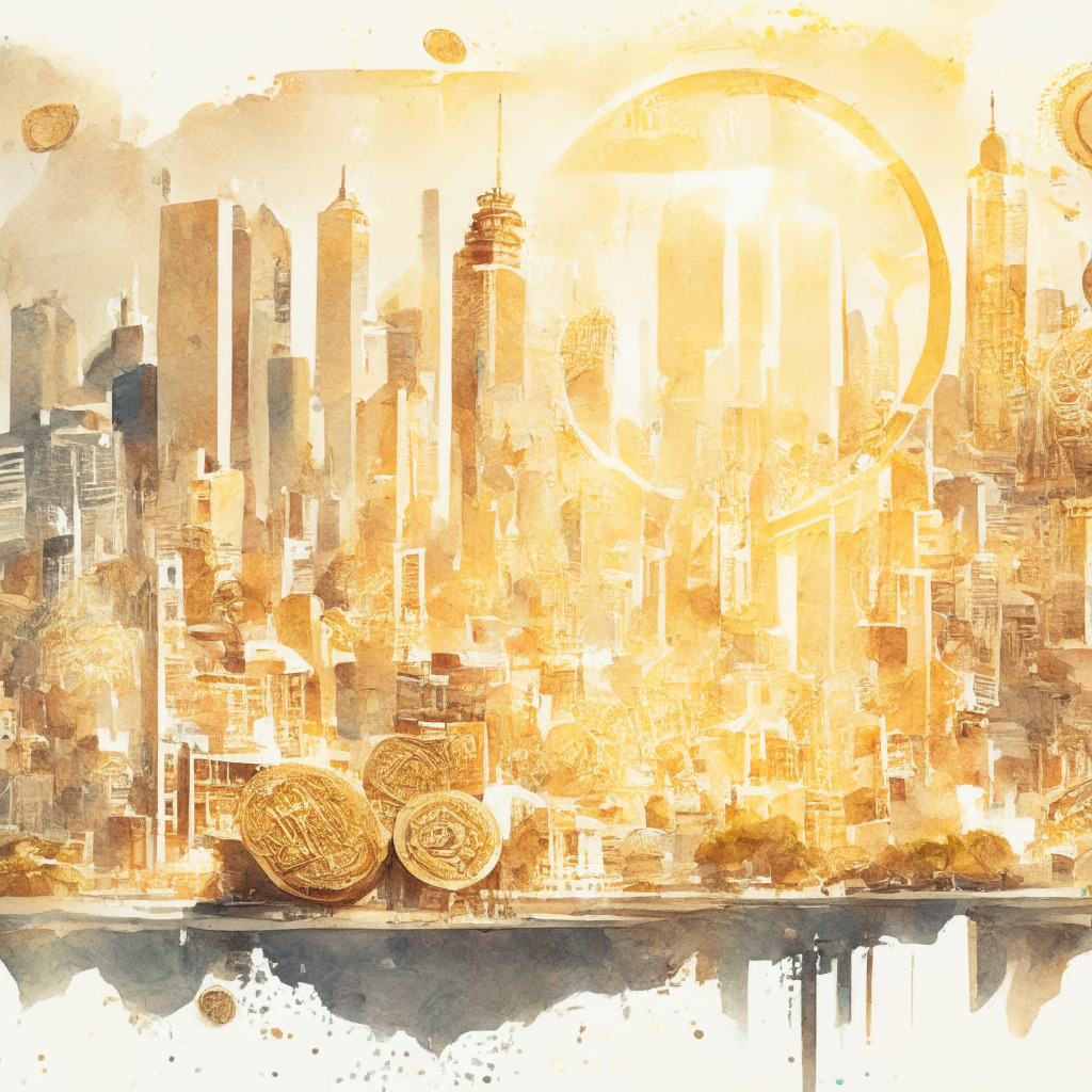 Intricate cityscape with various currencies and crypto coins illustration, digital to traditional currency exchange, international transaction concept, warm golden light, watercolor style, sense of financial growth and expansion, hint of uncertainty.