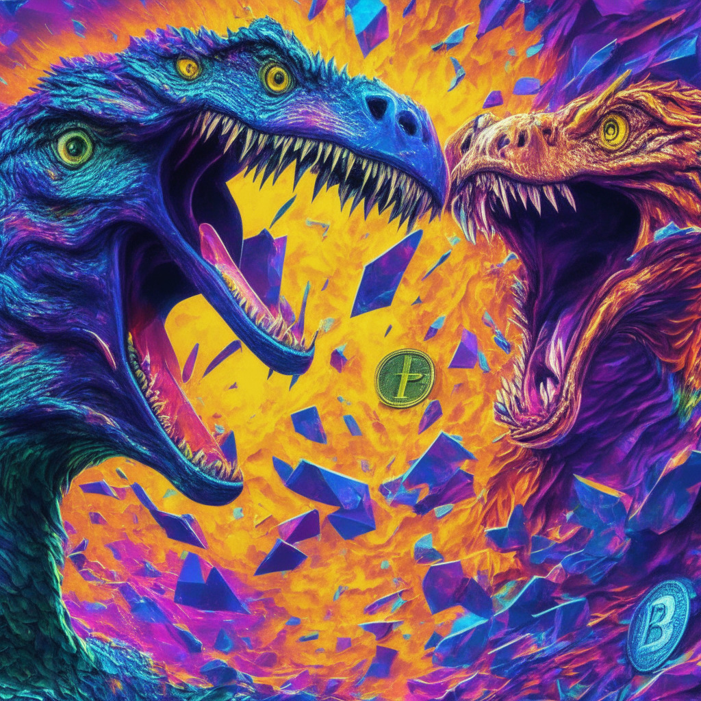Meme crypto face-off, Raptor Token vs Wall Street Memes Coin, vibrant swirling colors, abstract digital background, dramatic chiaroscuro lighting, energetic trading scene, sense of excitement and competition, community-driven success, ethereal airdrops, cautionary undertone, complex crypto landscape