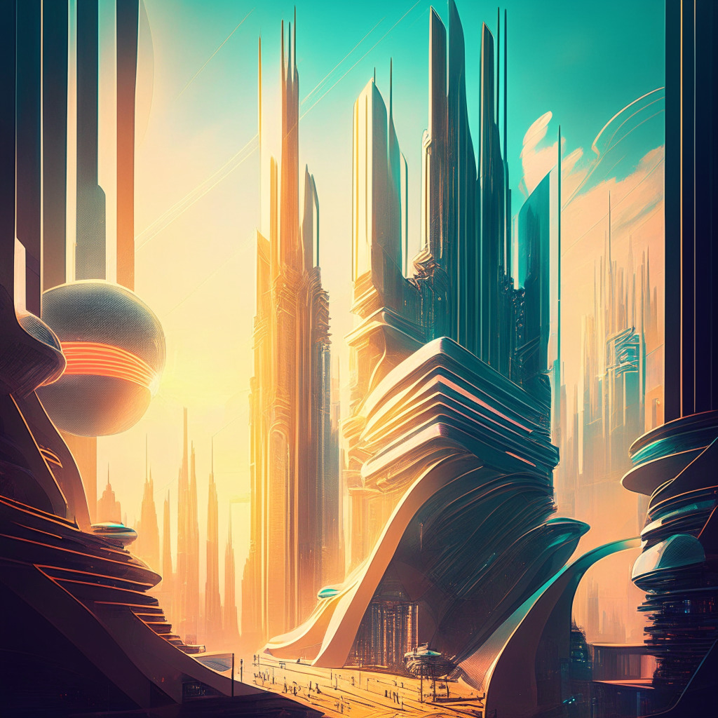 Intricate cityscape with futuristic architecture, rebranded venture capital firm, thriving crypto ecosystem, elegant opalescent color palette, radiant sunlight casting optimistic shadows, cyberpunk and art deco fusion, dynamic tension between hope and skepticism, innovative projects emerging.