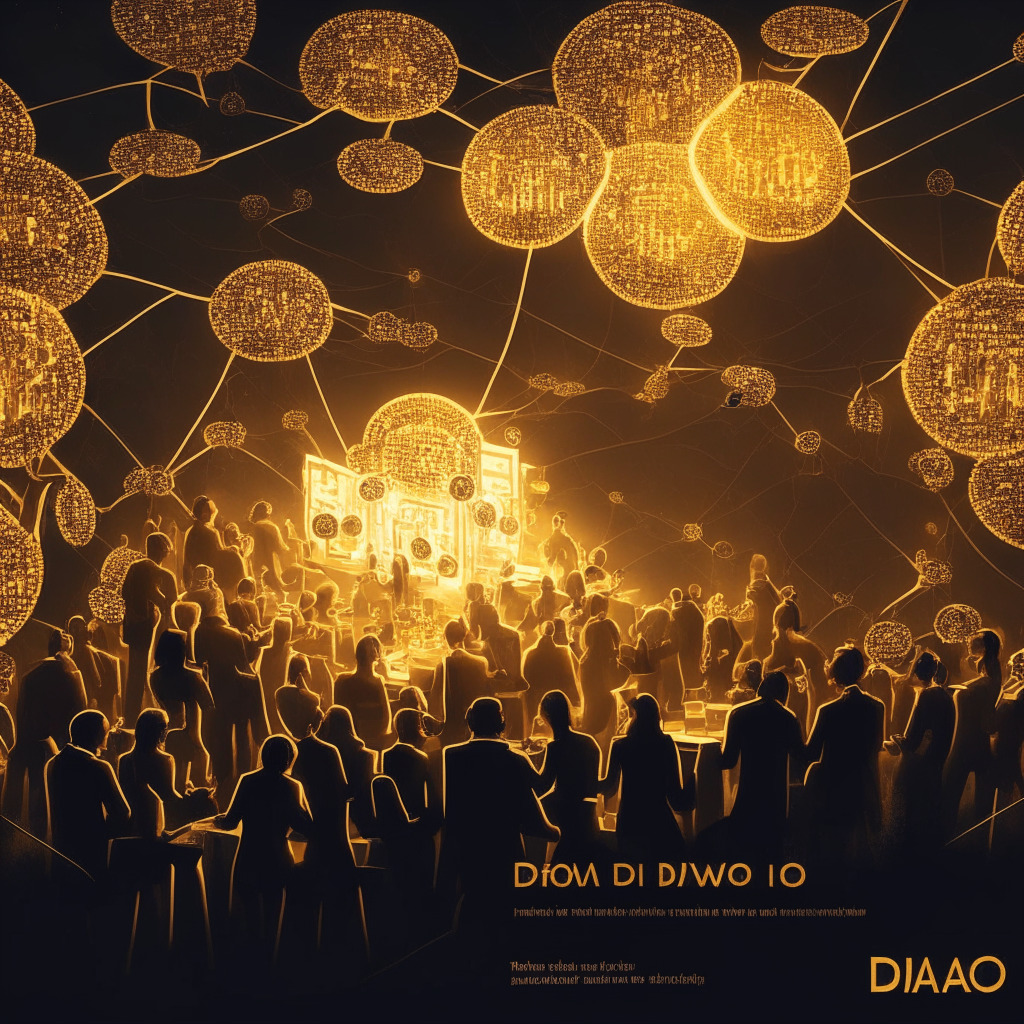 Intricate blockchain network, lively DAO voting scene, participants engaging in heated discussions, democratic principles displayed, golden tokens with 2 billion+ inscribed, $10 million valuation, dimly lit environment, a balanced power dynamic, intense but positive atmosphere, hopeful for a brighter crypto ecosystem, dramatic contrast, anticipatory mood of U.S. platform launch in September 2023.