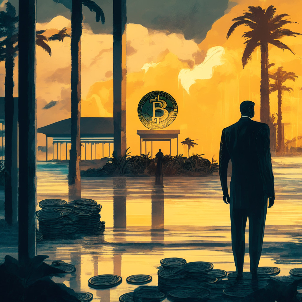 Cryptocurrency exchange recovery scene, abstract art style, dusk lighting, muted earthy color palette, somber atmosphere, complex intertwined assets, CEO figure with $100 million in political donations, Bahamian estate in the background, vigilant crypto community observing, air of uncertainty, delicate balance of trust and caution, call for regulatory advancements.