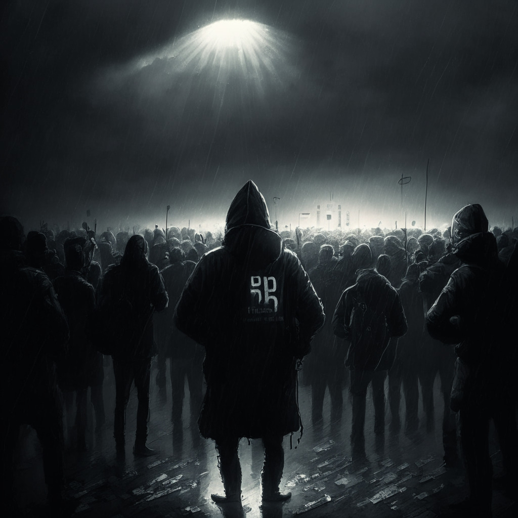 Darkened crypto subreddits protest, striking chiaroscuro light, API pricing battlefield, intense mood of opposition, scene of solidarity with a digital picket line, overcast sky symbolizing uncertainty, rays of hope piercing through numbered security locks, the fight for unrestricted access.