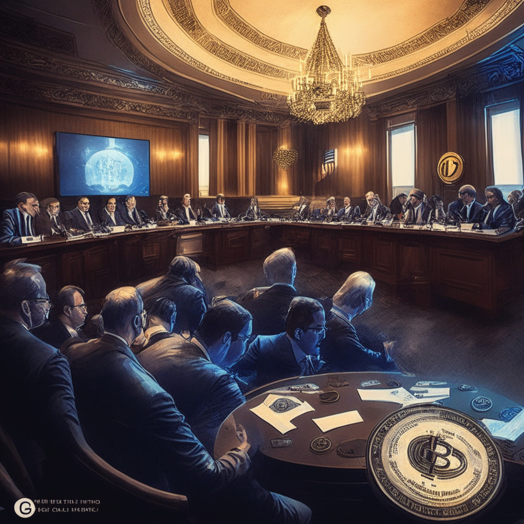 Cryptocurrency regulation debate, House Financial Services Committee, crypto market structure, stablecoin regulation, US SEC lawsuit, Aaron Kaplan, Prometheum, Gary Gensler, Representative Mike Flood, accredited investors, Coy Garrison, Blockchain Association, Kristin Smith, legal challenges, intricate balance, chiaroscuro lighting, tense atmosphere, digital artistry.