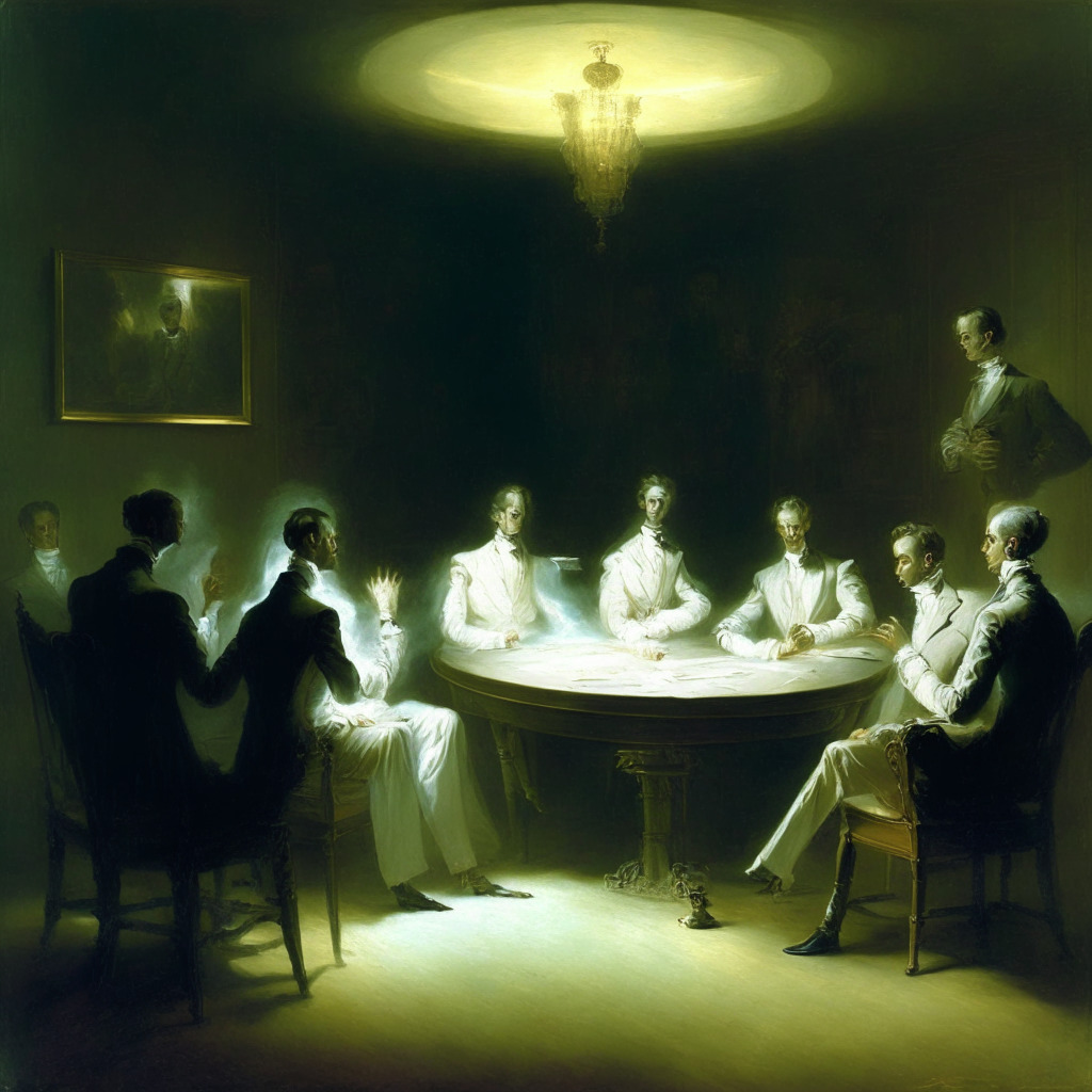 A Victorian-style painting on a canvas depicting a sophisticated debate between well-dressed 19th-century individuals over AI represented as a futuristic hologram, embodying innovation. The room is imbued with an ethereal, soft light creating a strong sense of tension and uncertainty. A handwritten document symbolizing regulation lies on a wooden table, letters faintly glowing.