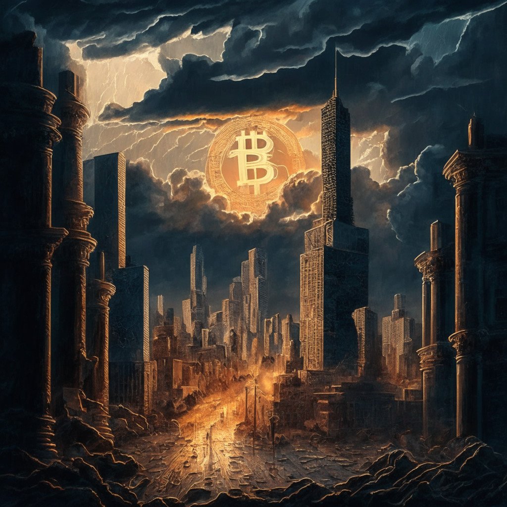 Intricate cityscape with Bitcoin dominating, subtle shadows of diverse cryptocurrencies, Renaissance-style painting, dusk lighting, contrast between hope & skepticism, a powerful storm brewing in the distance, Bitcoin's glow highlighting a path amid uncertainty, emotions of anticipation and caution.
