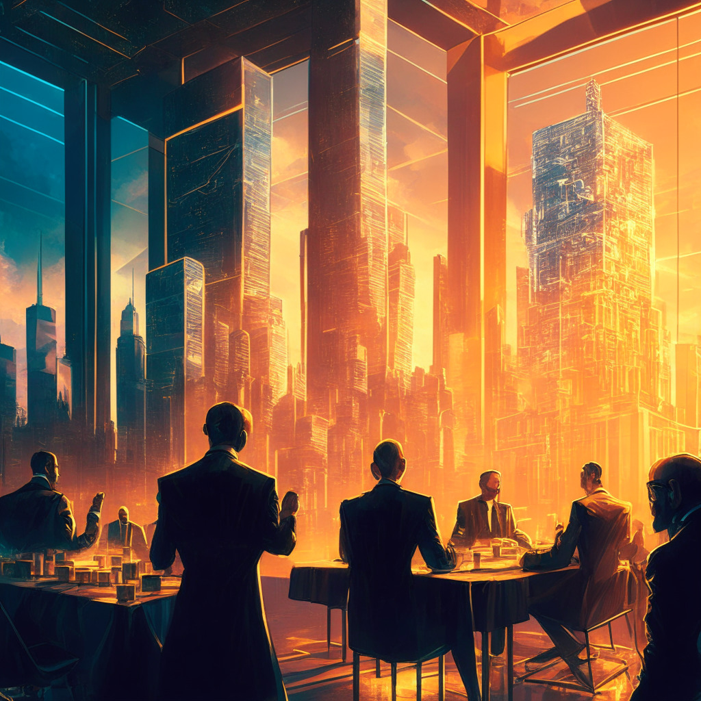 Intricate crypto debate scene, futuristic cityscape, regulatory figures discussing crypto's future, traditional finance building in the background, digital assets represented as holograms, golden-hour lighting, impressionist art style, hopeful yet uncertain mood, contrast between old and new financial worlds.