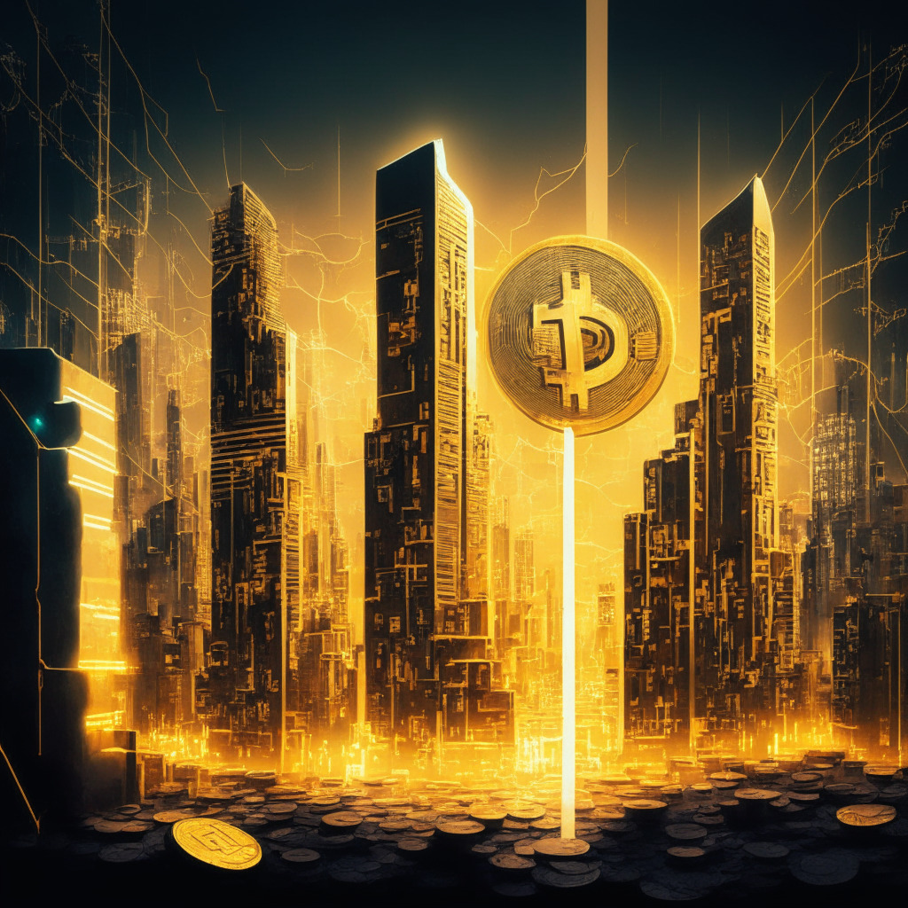A visual interpretation of two contrasting cryptocurrencies, Render Token and Thug Life Token. Image illustrates a futuristic city, half of it glowing with a radiant, golden light representing a 241% leap of RNDR, with buildings shaped like upward pointing arrows. In stark contrast is the other half of the city, a cluttered and rudimentary setting with graffiti-laden walls, representing the humble yet promising beginnings of THUG. This scene is cast in a moody blue hue reflecting uncertainty and potential. The overall tone should feel intriguing and interpretative in a comic book style, highlighting the volatile nature of both tokens.