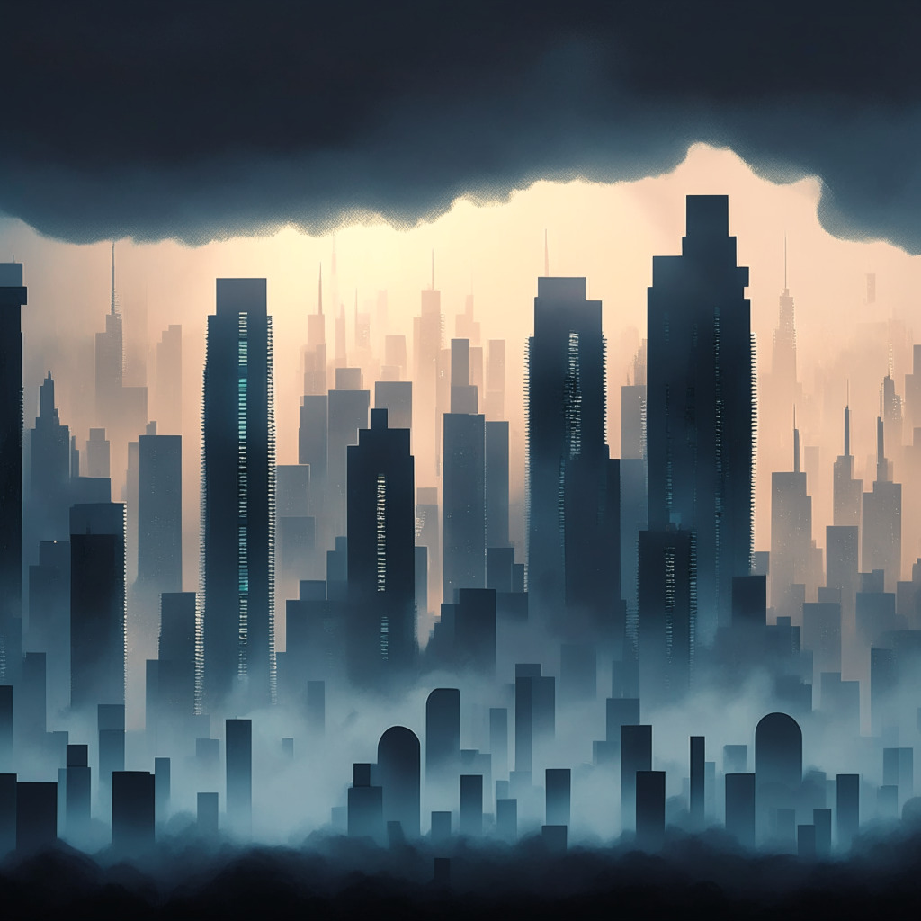 A digital metropolis skyline at dusk with Bitcoin-shaped skyscrapers towering over a heavy fog. In the foreground, the shadows of altcoin buildings shrouded with intense regulatory storm clouds. Faint light of institutional interest illuminates the Bitcoin edifices, depicting a scene of resilience. Artistic style should be Cubist, suggesting complexity and dynamism of the market.