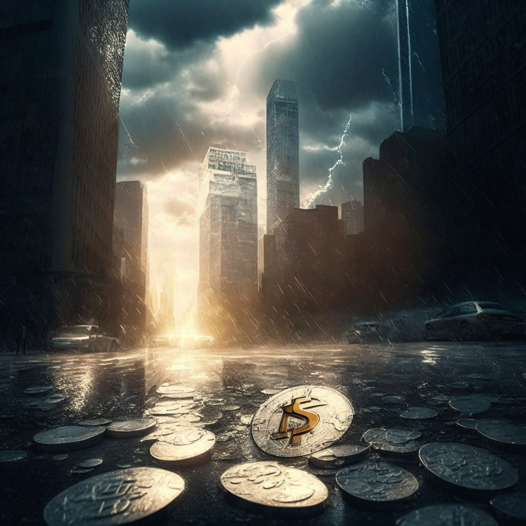 Gloomy financial district scene, stormy clouds, crypto coins scattered on ground, Tether coin shining bright, transparent shield protecting from the storm, stability in chaos, calm entities restoring trust, faint sun rays breaking through clouds, resilience and optimism amidst uncertainty.