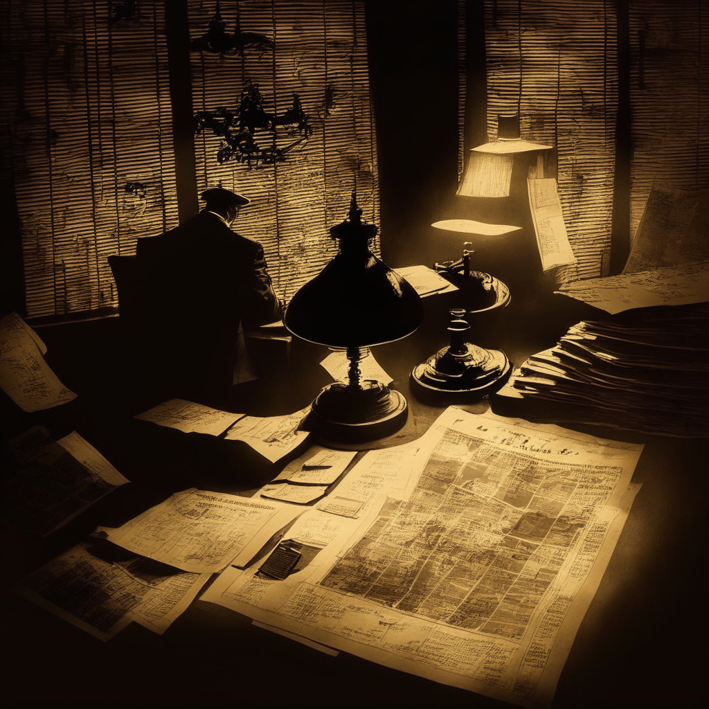 Intricate bank records, shadowy influence, Binance & Binance.US connection, legal & regulatory challenges, uneasy crypto market, dimly lit office, sepia-toned, air of mystery, somber mood, paperwork chaos, financial power struggle, magnifying glass on discrepancies.