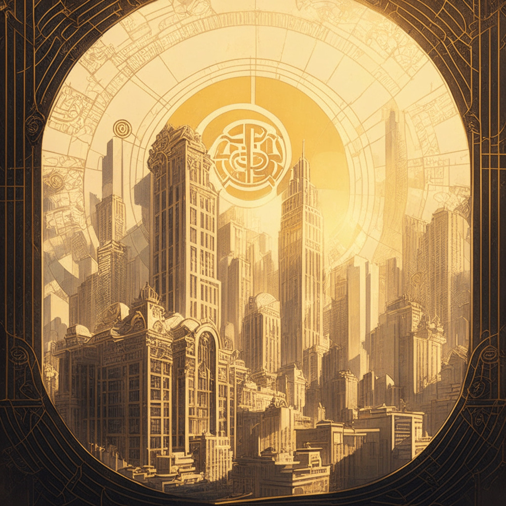 Intricate cityscape with financial establishments, fine art nouveau style, subtle golden sunlight reflecting on glass buildings, a blend of tranquility & tension in the air, featuring a stablecoin symbol delicately interwoven with Chinese motifs. Mood: cautiously optimistic, yet questioning.