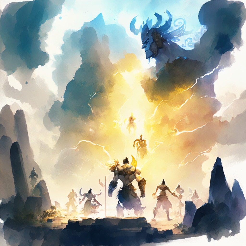 Ancient gods, epic battleground, NFT game elements, sunbeams piercing through clouds, Titan-like warriors battling, soft watercolor style, contrasting light and shadows, ethereal aura, harmonious colors, sense of anticipation and triumph, a mobile device showcasing the game, accessibility and diversity in the scene.